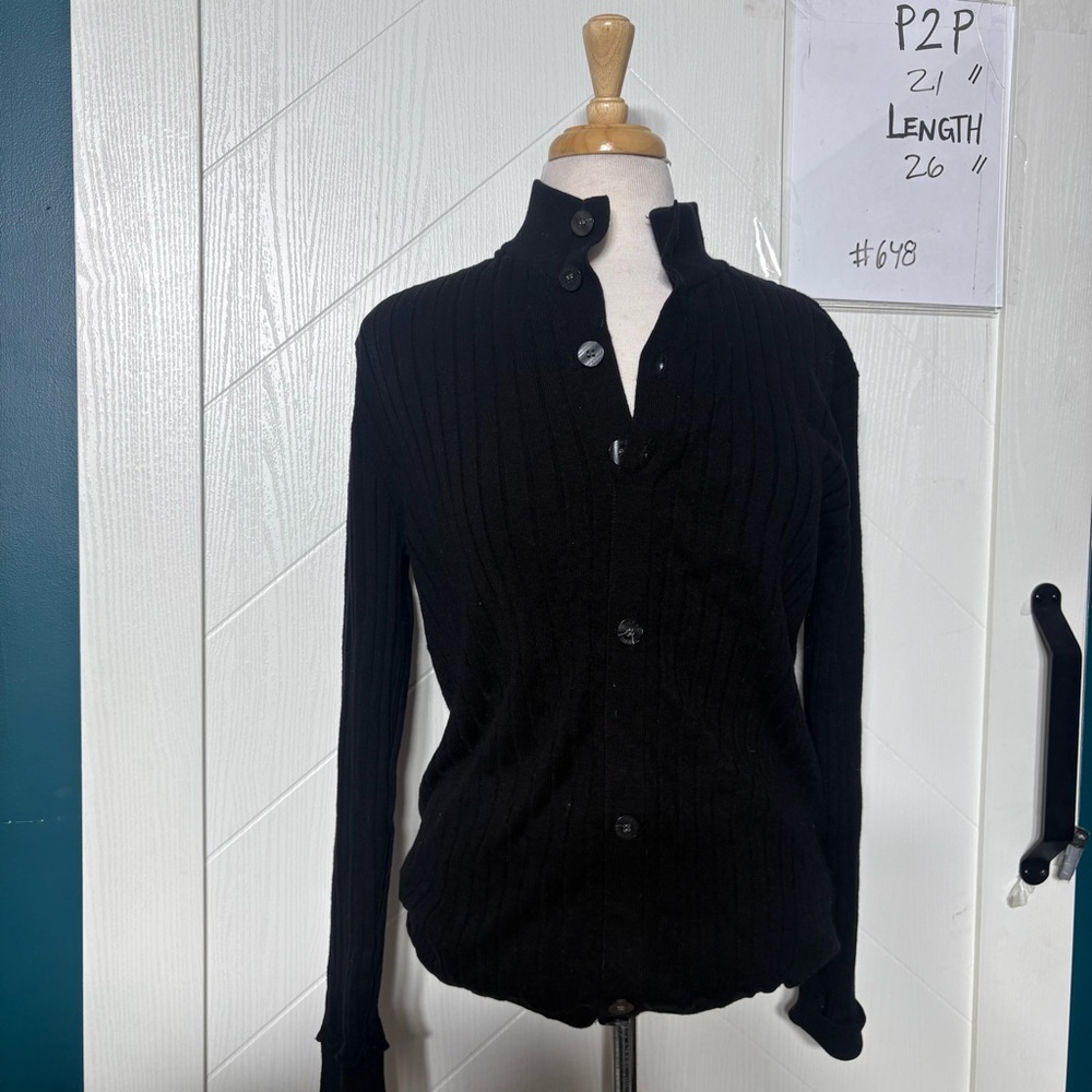 Classic Black 100% Wool‎ Ribbed Mock Neck Button Sweater/ Faux cardigan
